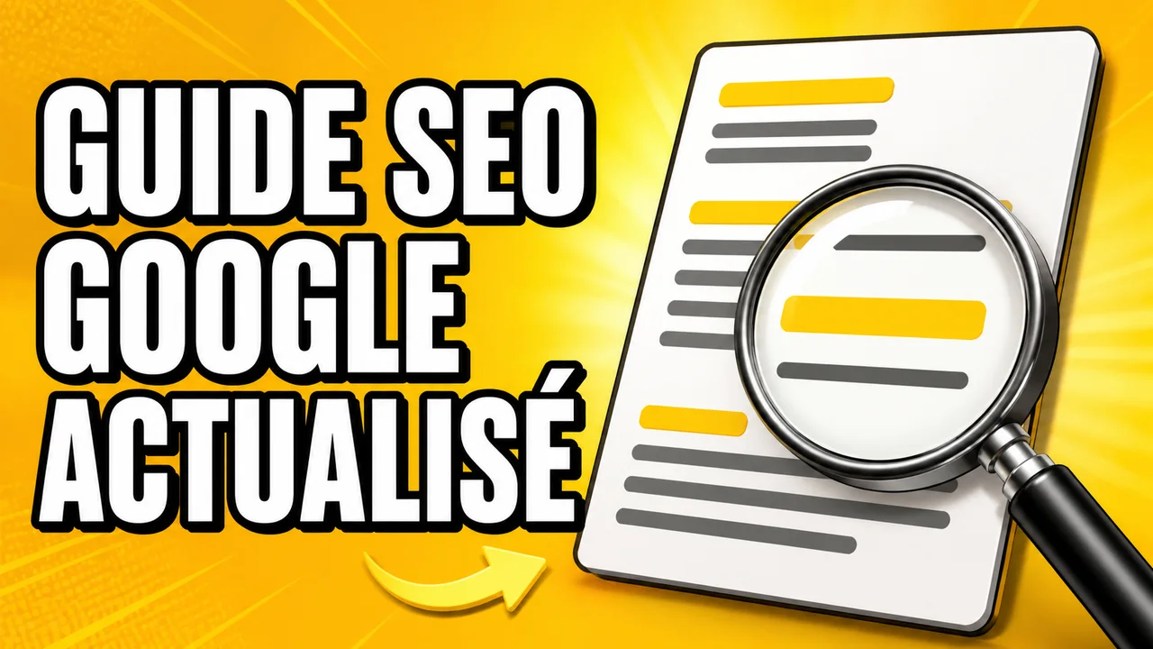 Miniature jaune montrant une page de documentation SEO stylisée avec une loupe et le texte Guide SEO Google actualisé.