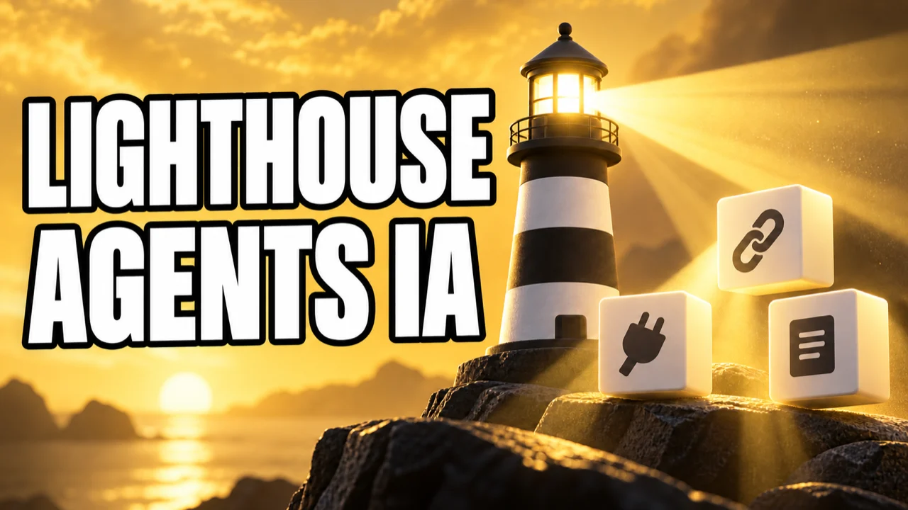Illustration conceptuelle d’un phare et de ressources numériques, avec le texte « Lighthouse agents IA ».