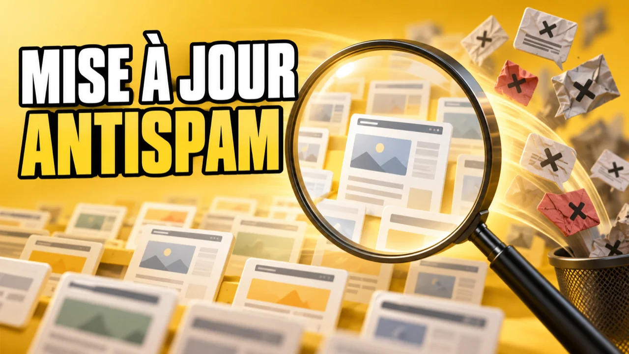 Miniature jaune montrant une loupe sur des pages web stylisées, avec le texte « Mise à jour antispam ».