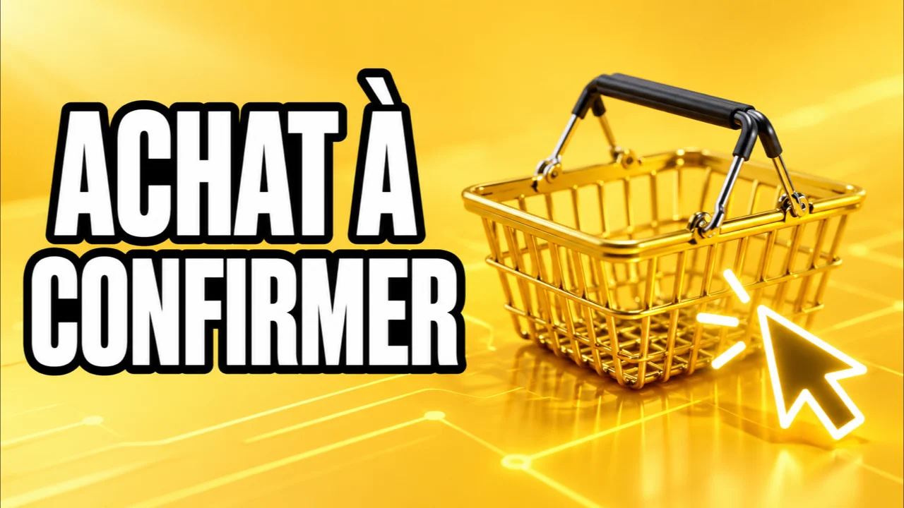 Panier et curseur génériques sur fond jaune, texte Achat à confirmer