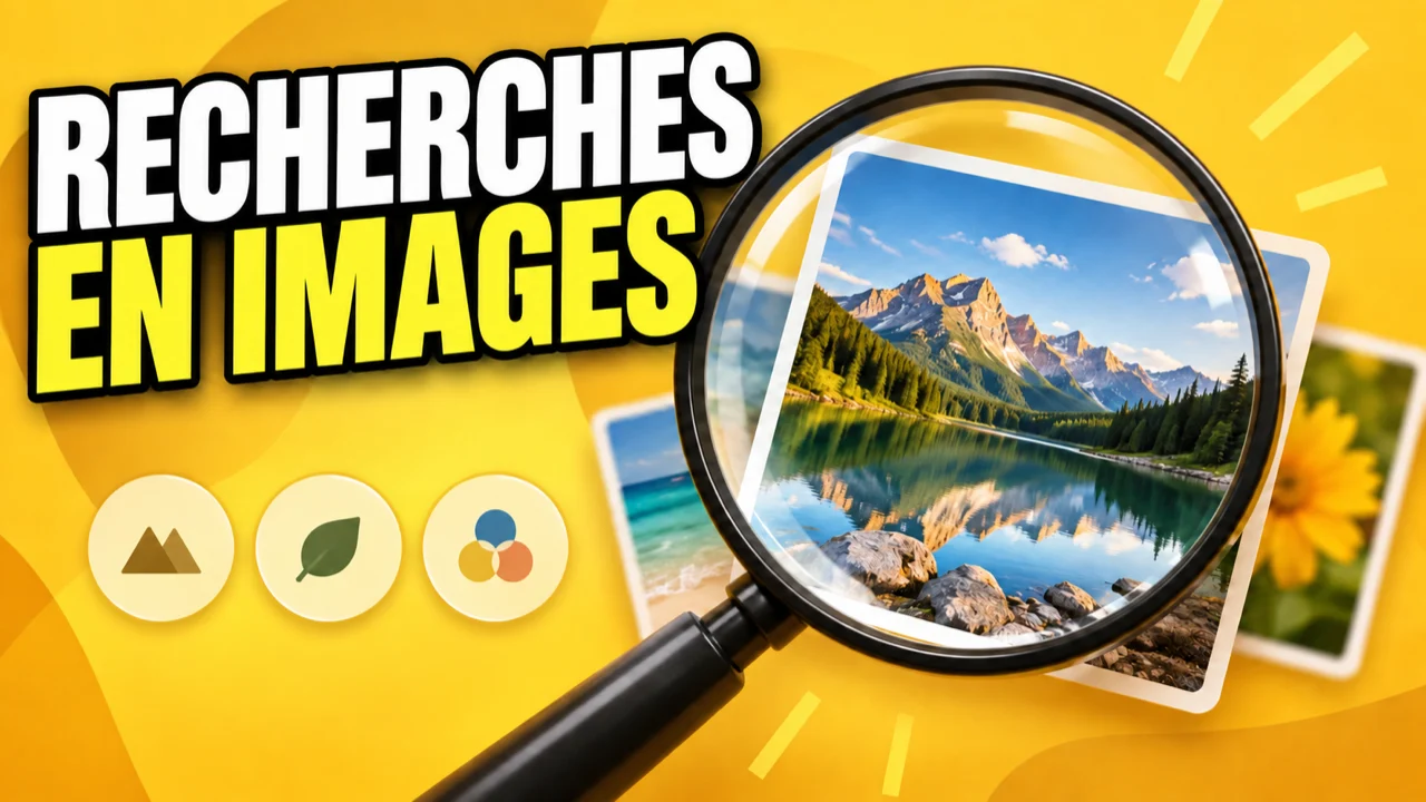 Illustration jaune de photos examinées à la loupe, avec le texte RECHERCHES EN IMAGES.