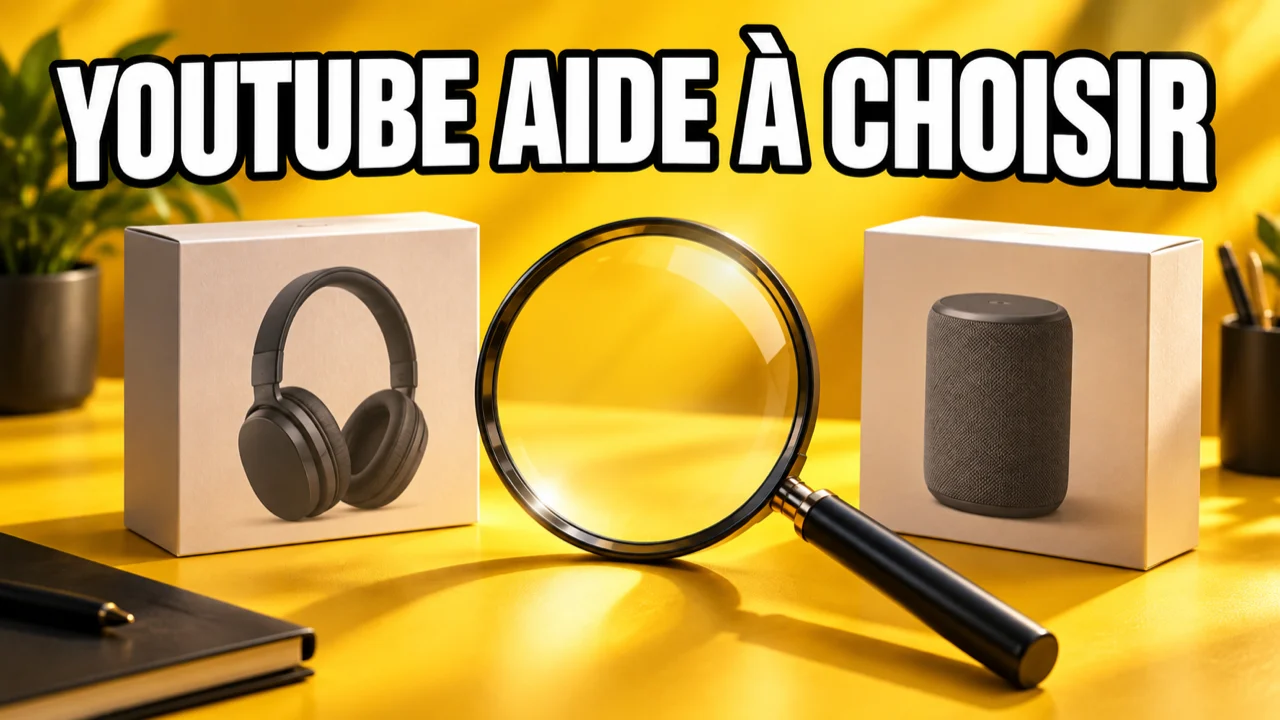 Deux produits génériques et une loupe sur fond jaune, avec le texte « YOUTUBE AIDE À CHOISIR ».