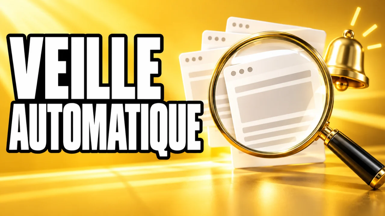 Loupe et cloche de notification sur un fond jaune, illustration générique d’une veille automatique