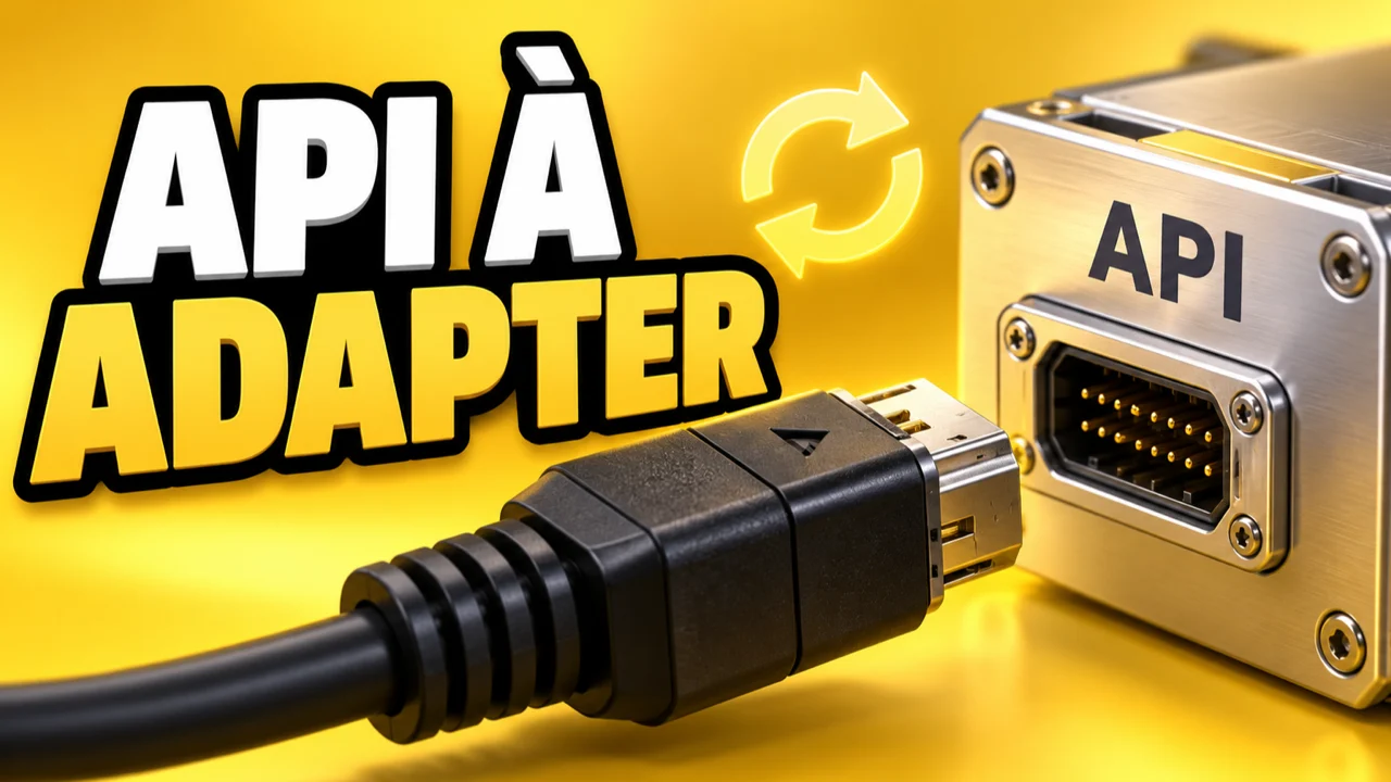 Illustration d’un connecteur logiciel et d’un module API sur fond jaune, avec le texte API À ADAPTER.
