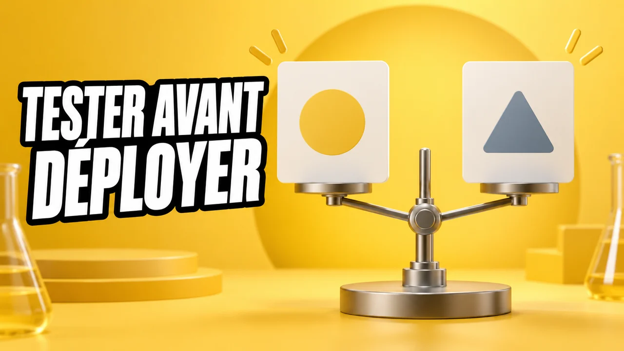 Deux cartes publicitaires abstraites comparées sur fond jaune, avec le texte TESTER AVANT DÉPLOYER.