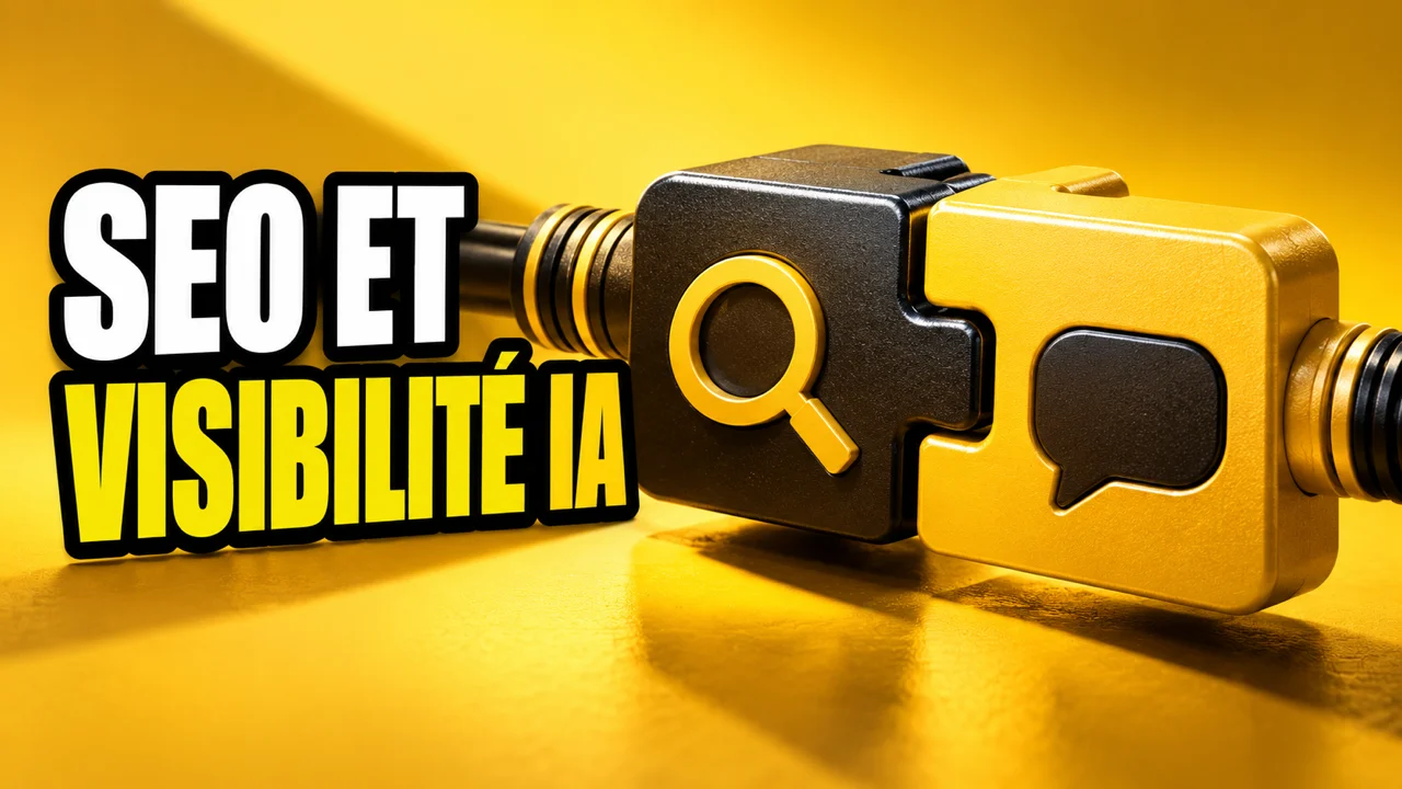 SEO et visibilité IA : connecteurs génériques sur fond jaune