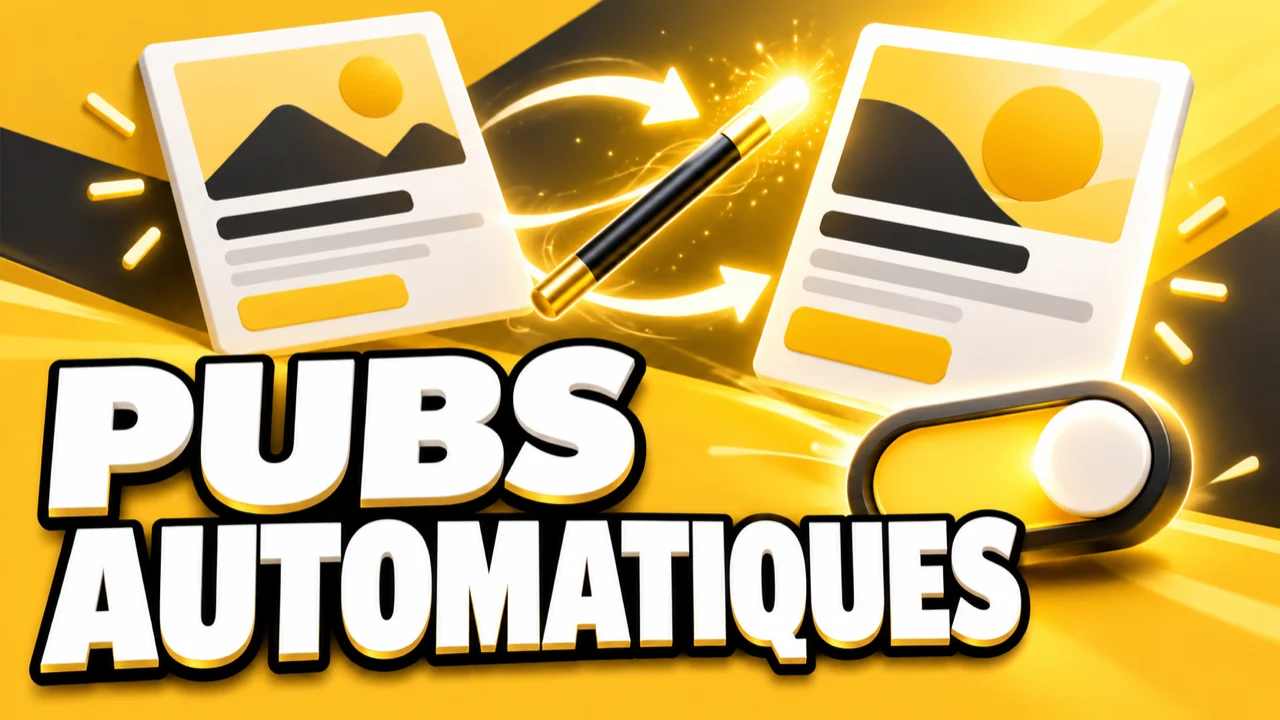 Illustration jaune de deux créations publicitaires adaptées par une baguette, avec le texte Pubs automatiques