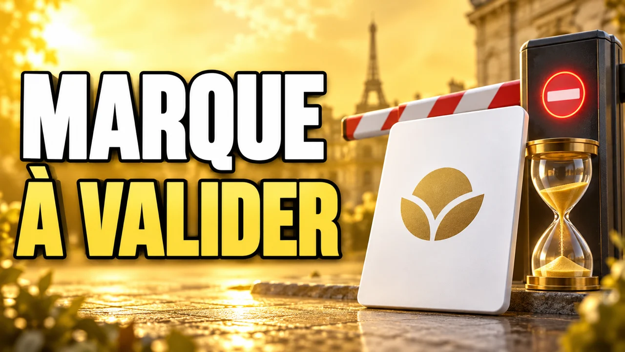 Illustration jaune d’une marque générique devant une barrière et un sablier, texte « Marque à valider ».
