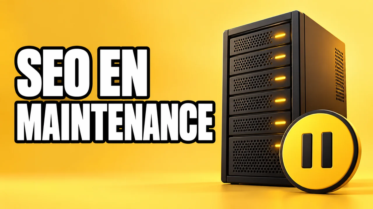 Un serveur et un symbole pause sur fond jaune, avec le texte SEO en maintenance.