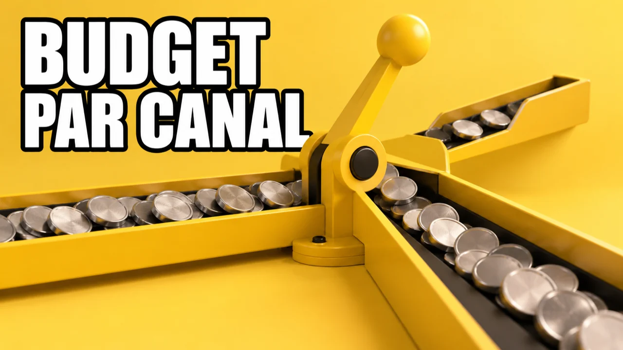 Illustration conceptuelle jaune : un aiguillage répartit des jetons entre deux canaux, avec le texte Budget par canal.