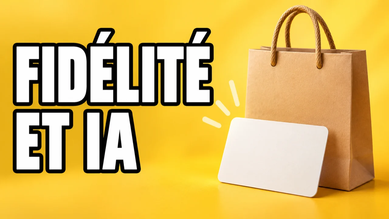 Illustration conceptuelle jaune d’un sac de courses et d’une carte de fidélité génériques, avec le texte Fidélité et IA, sans logo ni prix.