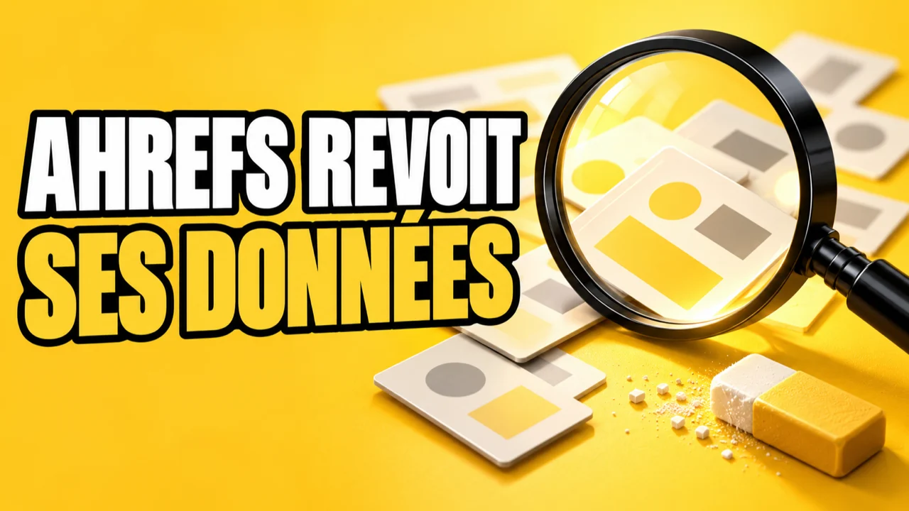 Loupe et gomme sur fond jaune, avec le texte Ahrefs revoit ses données