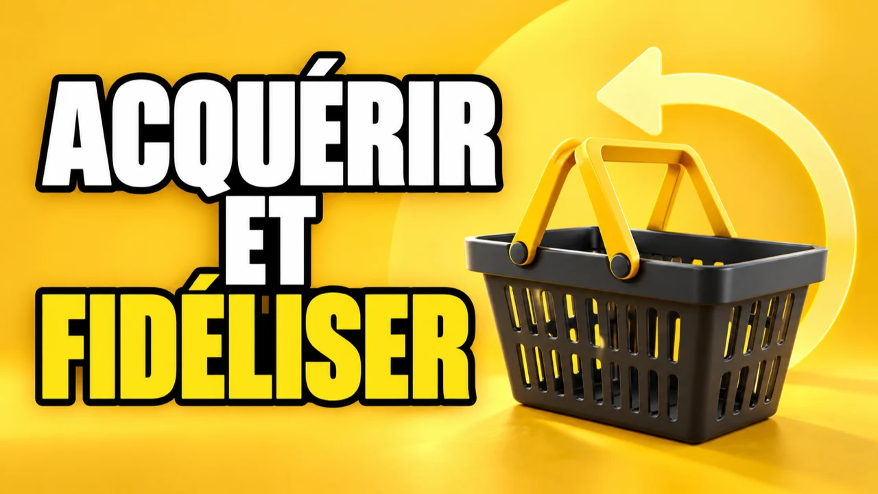 Panier et flèche de retour sur fond jaune, avec le texte Acquérir et fidéliser