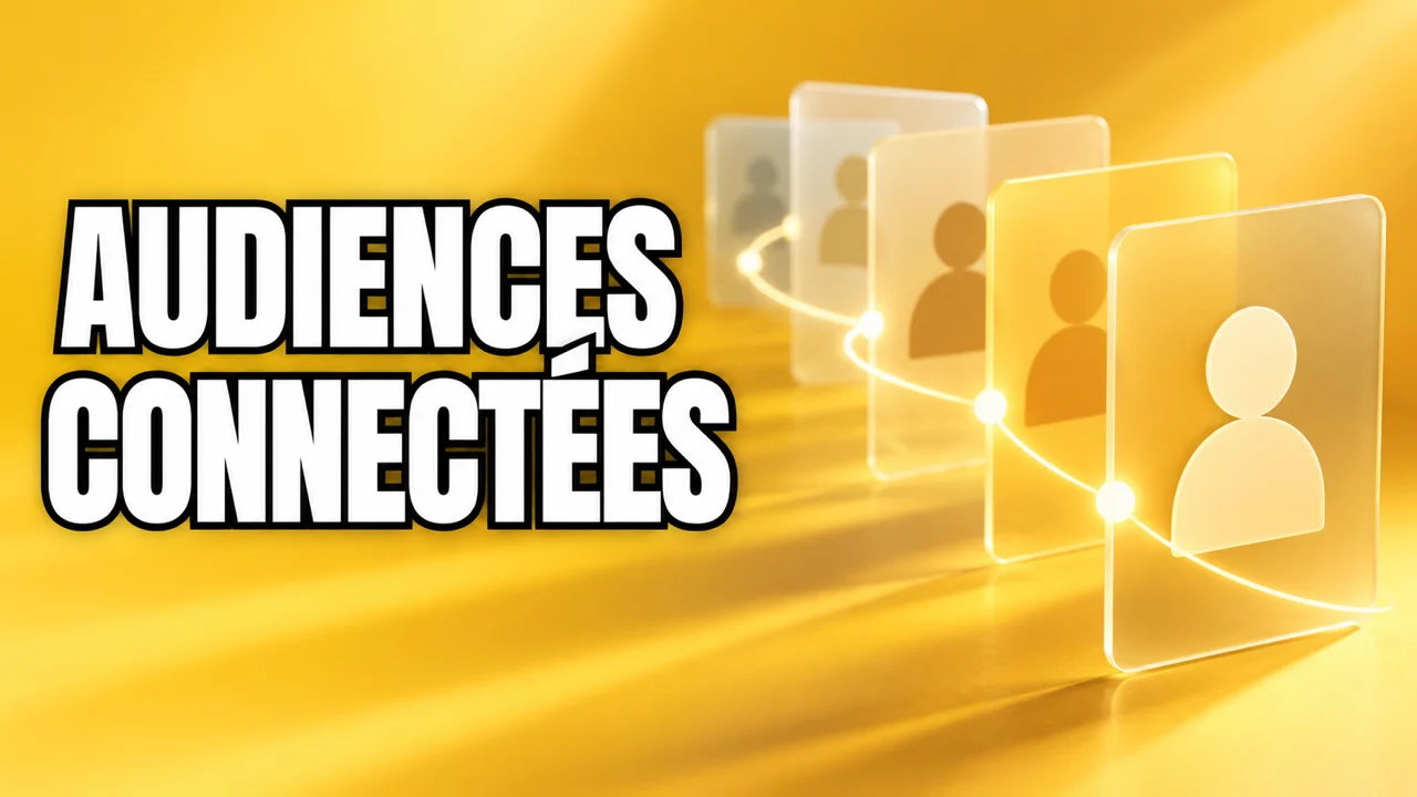 Illustration jaune de cartes d’audience reliées, avec le texte « Audiences connectées ».