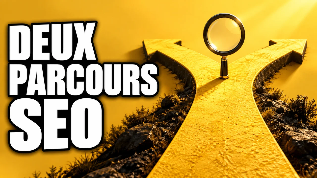 Un chemin jaune se divise en deux branches sous le texte Deux parcours SEO.