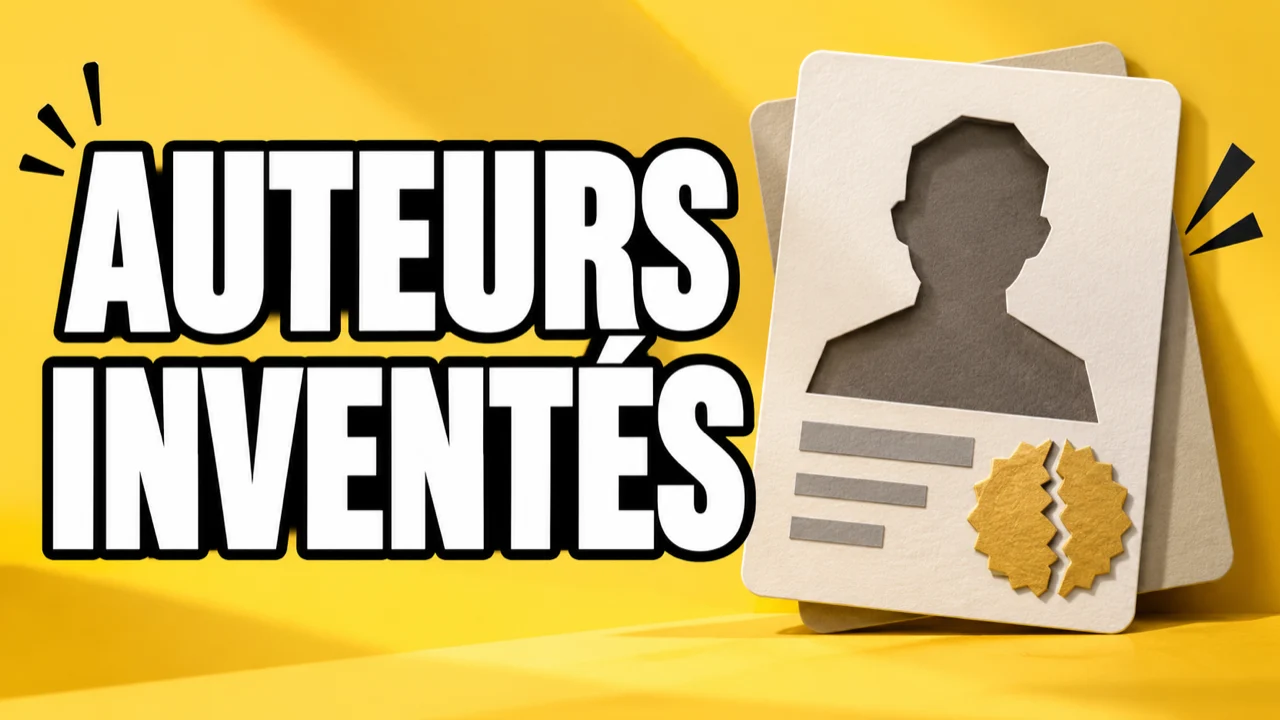 Illustration conceptuelle jaune d’une carte d’identité d’auteur générique, avec le texte Auteurs inventés, sans personne réelle ni logo.