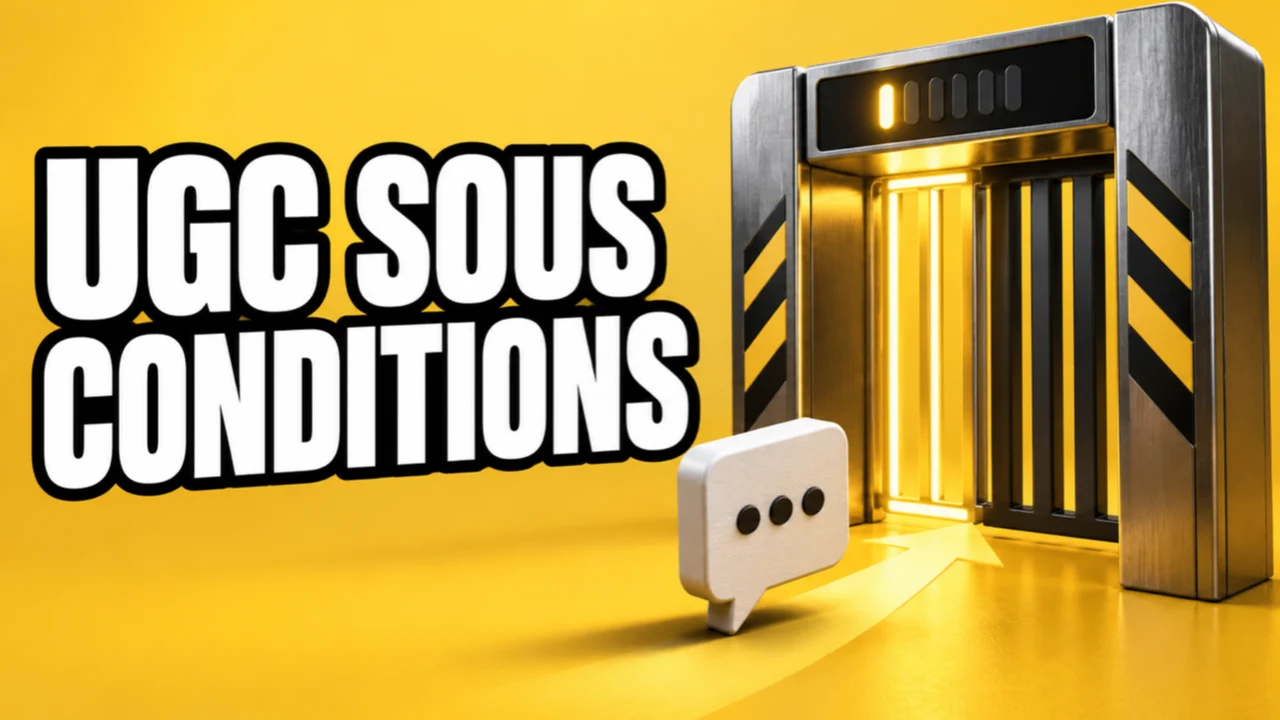 Illustration jaune d’un portail et d’une bulle de discussion avec le texte UGC SOUS CONDITIONS.