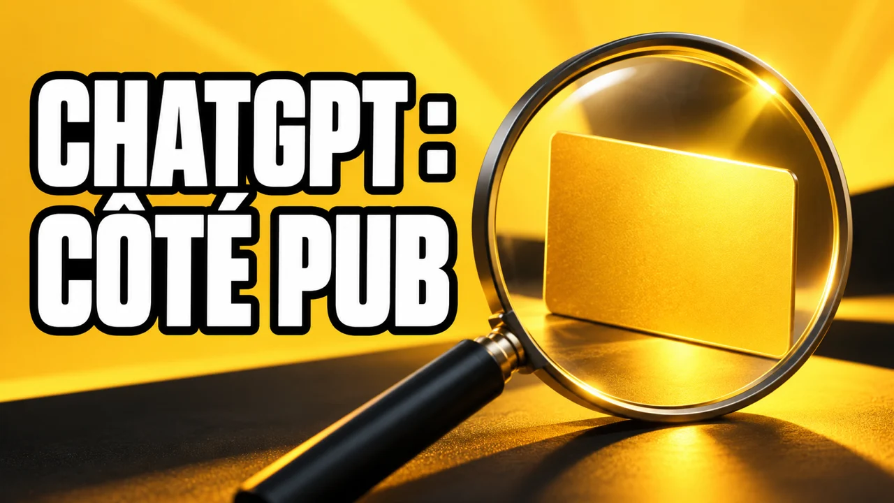 Loupe et carte générique jaunes, avec le texte ChatGPT : côté pub